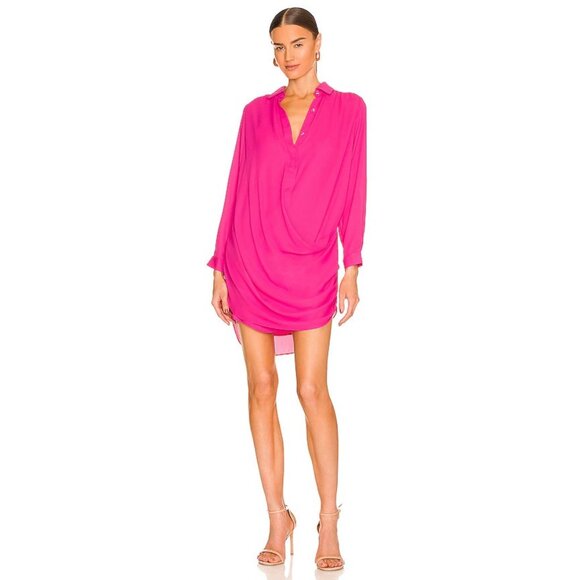 krisa Drape Button Front Mini in Rosa Pink Long Sleeve - Picture 1 of 3
